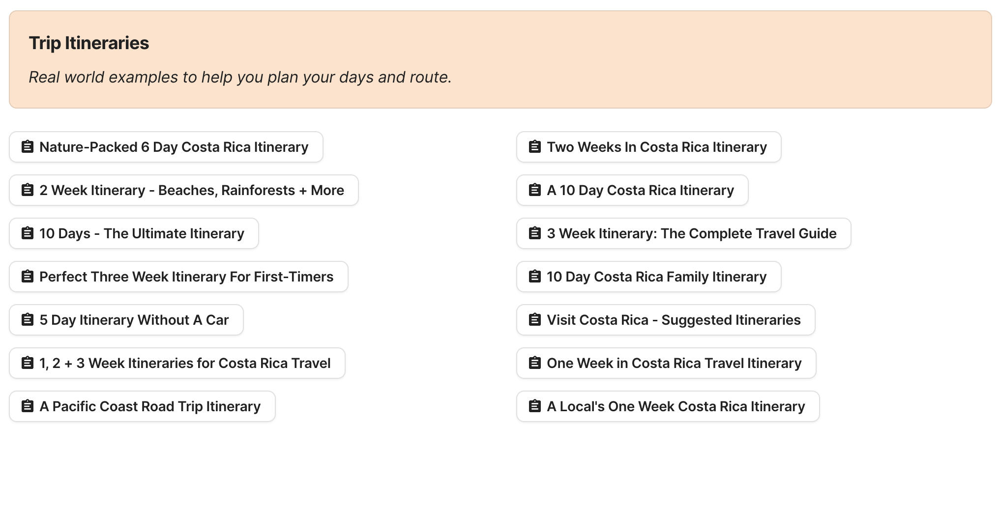 Costa Rica Trip Itineraries Preview of Costa Rica Trip Itineraries section in Costa Rica Travel Research by Feral Travel