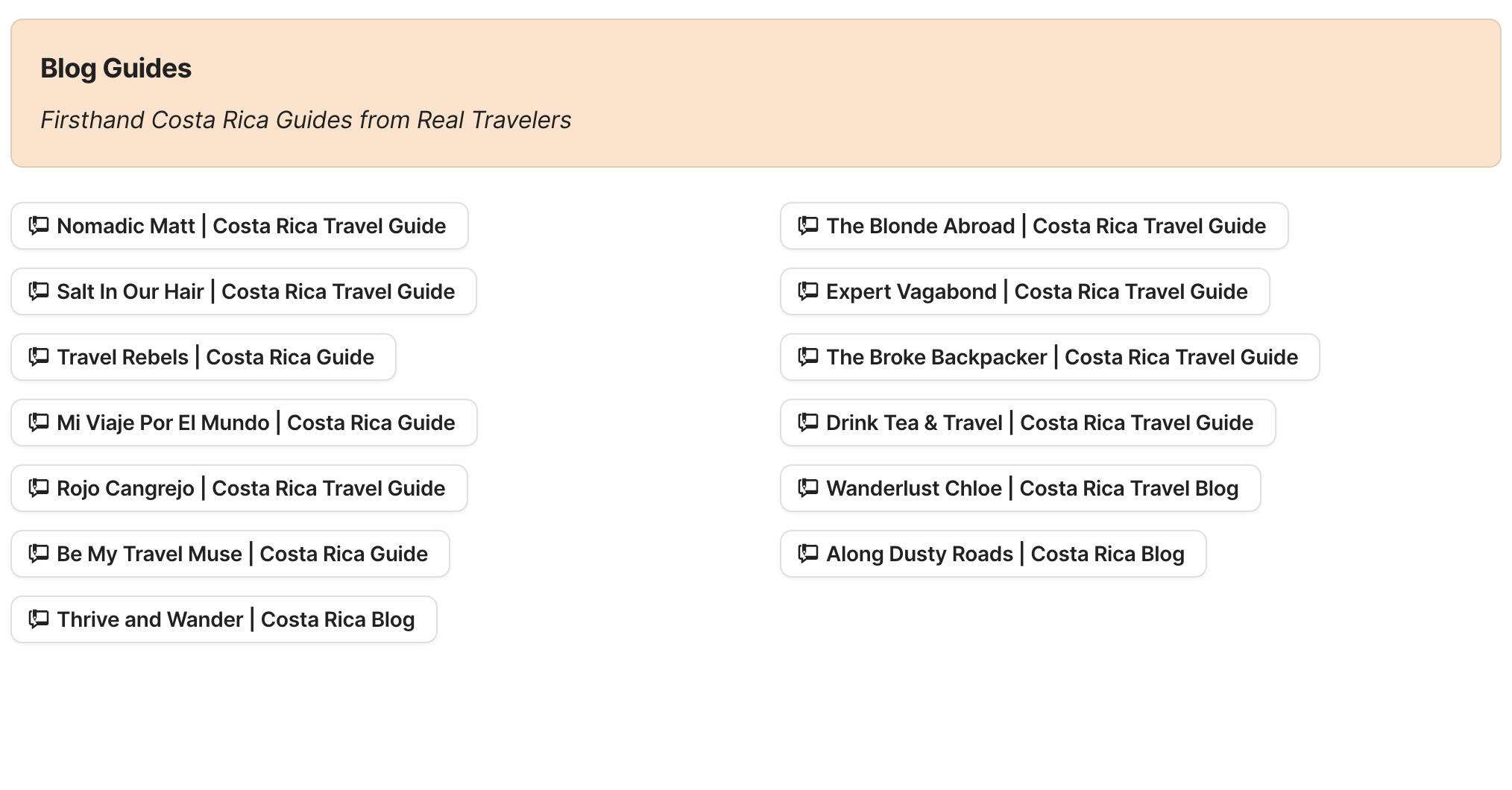 Blog Guides Preview of blog guides section in Costa Rica Travel Research by Feral Travel