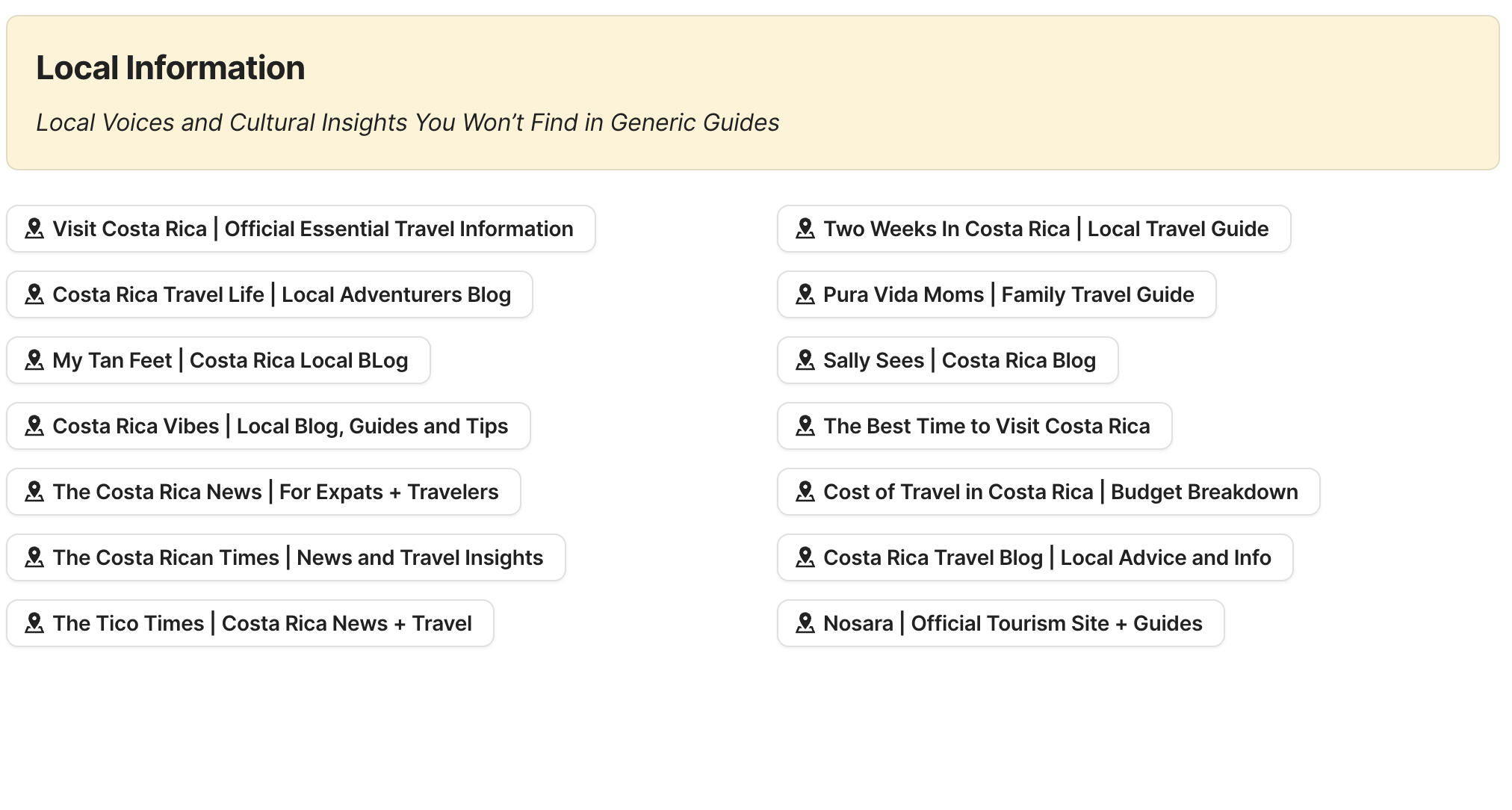 Local Information Preview of local information section in Costa Rica Travel Research by Feral Travel